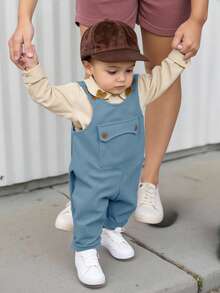 SHEIN Casual Sports Cute & Dropped Shoulder Loose Baggy Pocket Bib Overall Pants, Suitable For Baby Boys & Girls, Autumn/Winter Fall - Dusty Blue - View 2