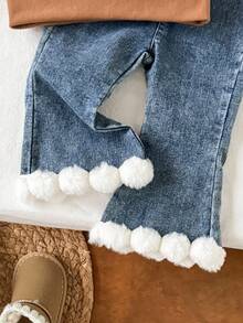 SHEIN 6 Monate-9 Jahre Baby Herbst Outfit für Mädchen 2 Stücke/Set, Lässig Stil mit Blumen Dekoration Fleece Oberteil & Schlagjeans - Braun - Übersicht 3