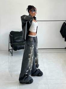 SHEIN HypeZone 时尚百搭复古美式破洞牛仔裤 - 黑色 - 查看 6