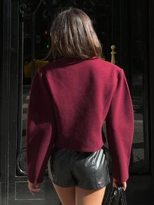 Aloruh 优雅酒红色外套，适合通勤、秋冬季穿着，是女士冬季服装、女士冬季外套、女士冬季服装、冬季服装、女士秋季服装、女士秋季穿搭、新年女士服装、圣诞节女士服装、长袖外出上衣、时尚女士外套、安卡拉红色外套、复古风格、休闲商务通勤、纯色外套、修身外套、金属扣装饰 - 酒紅色 - 查看 3