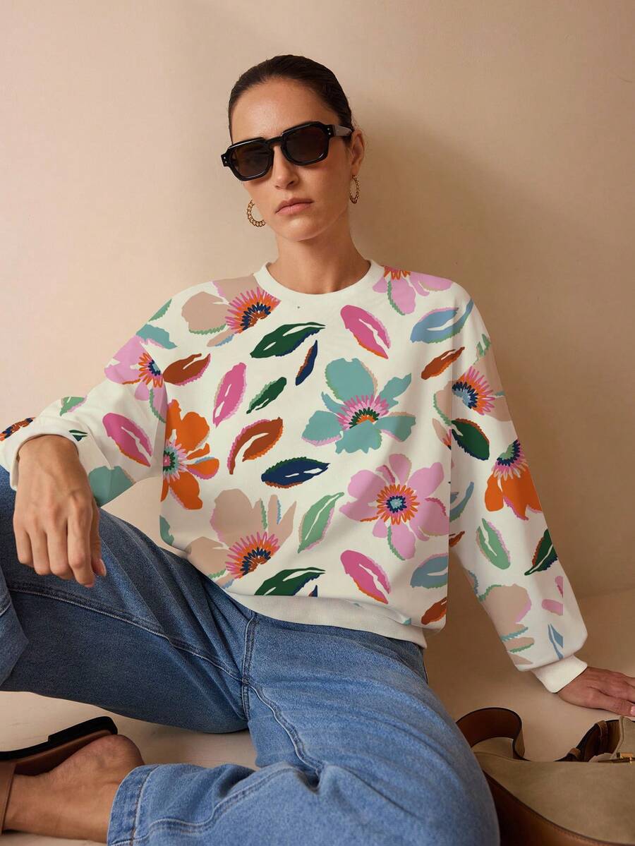 Shutterstock Glamance Glamance Shutterstock Apricot Floral Print Casual Elegant Modest Minimalist Women Long Sleeve Sweatshirt, Suitable For Everyday, Work, Outing, Office, Vintage, Travel, Christmas, Autumn/Winter Going Out Fall Chic Stylish Clothing Collection