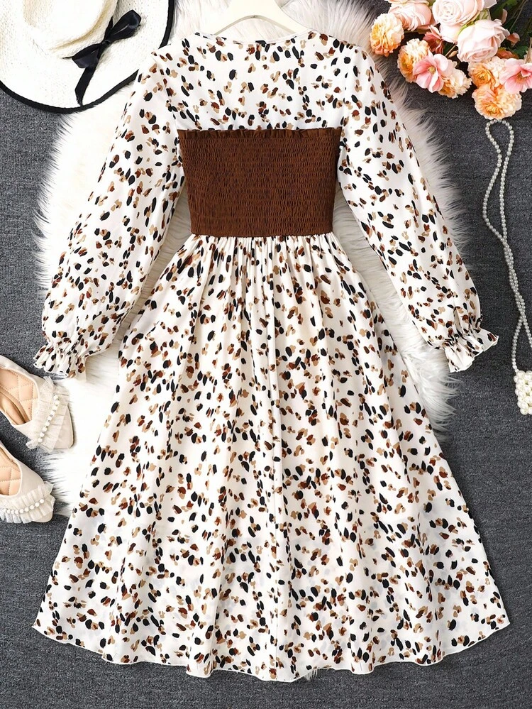 SHEIN فستان كاجوال متوسط الطول للبنات المراهقات، بأكمام منتفخة وطباعة عشوائية، بتفاصيل خياطة بألوان متباينة، مناسب للارتداء في الربيع والخريف، وكذلك كملابس داخلية في الخريف والشتاء، وللعودة إلى المدرسة - متعدد الألوان - مشاهدة 2
