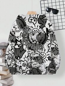 SHEIN Casual Minimalist Cartoon Pattern Dropped Shoulder Sweatshirt For Teen Boys, Suitable For Autumn/Winter Fall - Multicolor - View 2