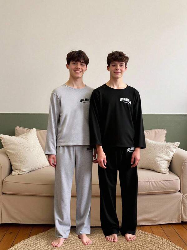SHEIN ティーンエイジャー男子用カジュアルアウトフィット4点セット、グレーと黒のイングリッシュレタープリントロングスリーブトップとパンツ、快適なルームウェアセット