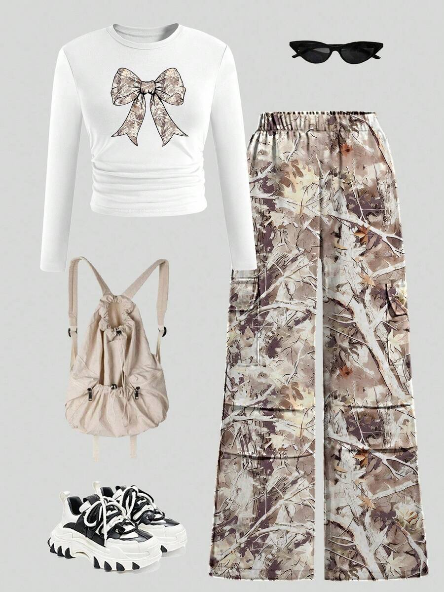 SHEIN ChillGRL 2 件套女童迷彩裤和蝴蝶结印花长袖上衣，服装套装 - 彩色 - 查看 1