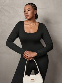 SHEIN Tall CURVE 大码优雅休闲纯色黑色长袖紧身连体裤，U 领 - 黑色 - 查看 6