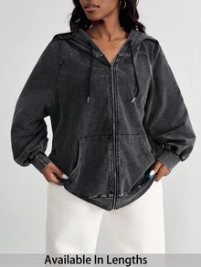 SHEIN PETITE CURVE Áo khoác nỉ cotton dáng rộng, chất liệu cotton, kiểu dáng cổ điển, có khóa kéo, phù hợp cho mùa thu/đông. - màu đen - Xem 1