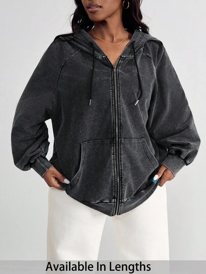 SHEIN PETITE CURVE Plus Size Vintage Distressed Cotton Zip-Up Sweatshirt Jacket, Suitable For Autumn/Winter