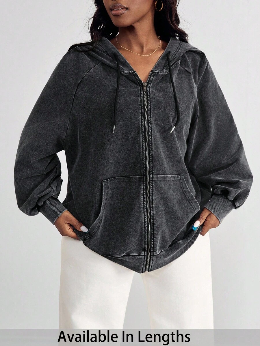 SHEIN PETITE CURVE Áo khoác nỉ cotton dáng rộng, chất liệu cotton, kiểu dáng cổ điển, có khóa kéo, phù hợp cho mùa thu/đông. - màu đen - Xem 1