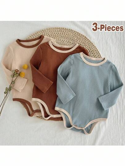 Loomiva 3pcs/Set Baby Boy Casual Comfortable Versatile Round Neck Long Sleeve Bodysuit Outfit, Neutral Color Infant Bodysuit Set, Newborn Baby Boy Autumn Clothing 3-Piece, Unisex Infant Ribbed Bodysuit Chic Outfits For Autumn/Winter Natural Baby Clothes Neutral Baby Clothes Baby Ribbed Bodysuit Baby Long Sleeve Bodysuit Mocha Baby Clothes Fall