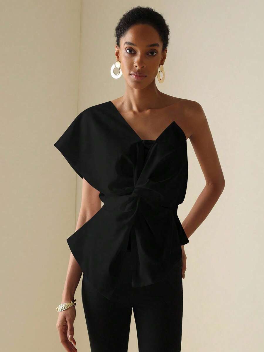 Vesra Women's Fashion Solid Color Twist Asymmetrical Shoulder Shirt One Shoulder Tops - Black - View 1