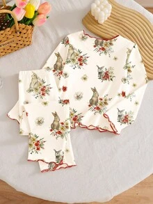 1套女婴可爱优雅复古卡通兔子水彩花卉印花荷叶边撞色边舒适休闲长袖睡衣套装 - 杏色 - 查看 2