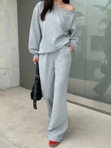 少女春冬基本款针织纯灰色宽松露肩不对称领口长袖运动衫和喇叭裤运动套装，两件套服装 - 灰色 - 查看 3