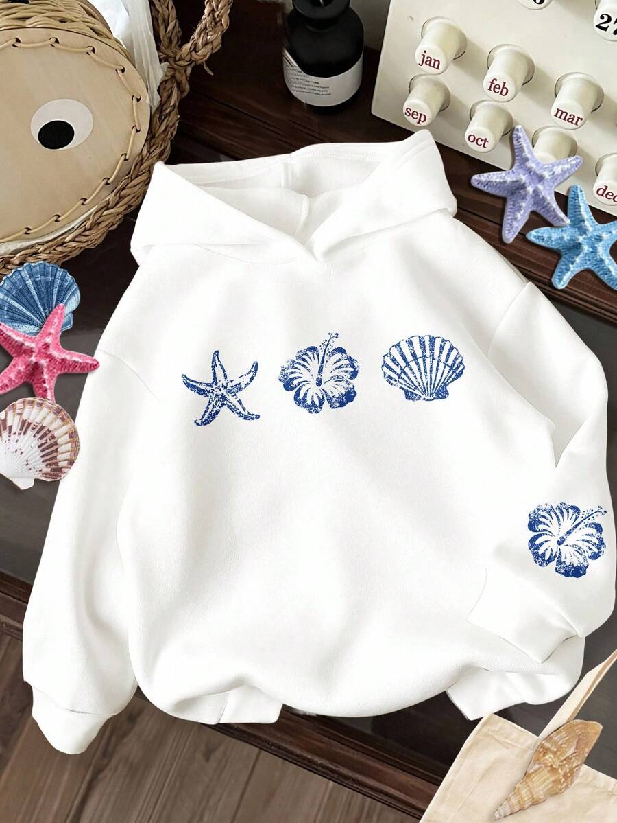 休闲海滩度假风格，芙蓉花，火焰花热带花卉，青少年女孩休闲宽松圆领舒适长袖运动衫，适合秋冬季 - 彩色 - 查看 1