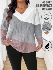 SHEIN Koszulka z blokami kolorów w dużym rozmiarze na wiosnę i jesień, koszulki z grafiką, damskie topy