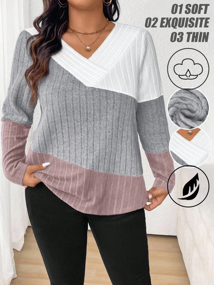 SHEIN Koszulka z blokami kolorów w dużym rozmiarze na wiosnę i jesień, koszulki z grafiką, damskie topy