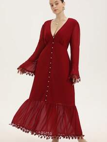 Revavyn 时尚扎染流苏珍珠纽扣V领长袖连衣裙 - 酒紅色 - 查看 1