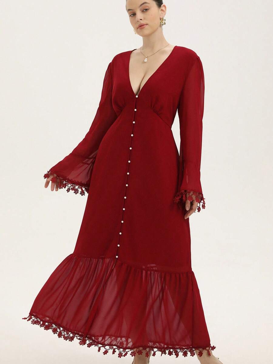 Revavyn 时尚扎染流苏珍珠纽扣V领长袖连衣裙 - 酒紅色 - 查看 1
