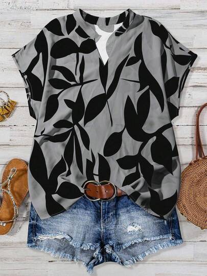 EMERY ROSE 大码撞色树叶印花缺口领短袖衬衫