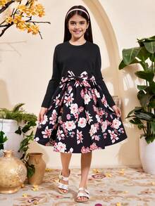 SHEIN Tween Girl Floral Flared Long-Sleeved Round Neck Dress With Belt, Autumn/Winter New Arrival Holiday Dress,Holiday,Summer,Travel