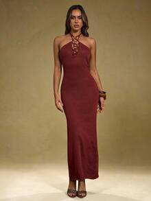SHEIN BAE Vestido de punto elegante de cuello halter con diseño de cuentas de unicolor para mujer - Marrón - Ver 6