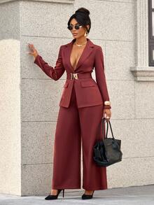 SOLERSUN Women's Elegant Single-Breasted Waist Cinched Tie Back Metal Decorated Notch Lapel Blazer Jacket And Pants Set Office Wear Women Suit Set Fall Cloth For Women - Coffee Brown - View 6