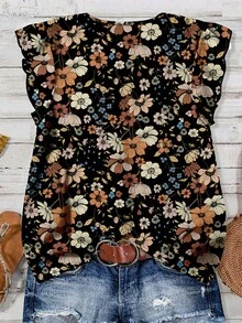 SHEIN LUNE 女式极简风格黑色底棕色彩色花卉全印花V领衬衫，休闲简约，适合夏季、初秋、复古 - 彩色 - 查看 2