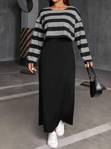 SHEIN Essnce Plus Size Women's Autumn And Winter Fashion Casual Daily Comfortable Black And White Striped Long-Sleeved Loose T-Shirt And Black Vest Long Dress Two Pieces Set,Curve Set,Dress Set,Streetwear For Women,Spring Clothes,Airport Outfit For Women,College Students Outfit - Multicolor - View 7