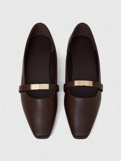 CUCCOO BIZCHIC 女士方头平底巧克力色金属扣一脚蹬平底鞋，舒适休闲玛丽珍鞋，适合搭配连衣裙