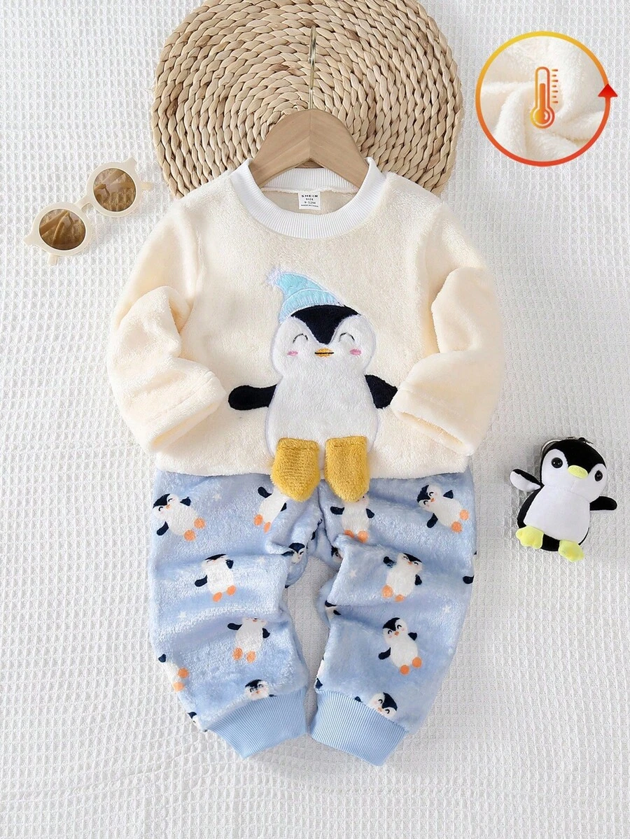 2 Stücke Baby/Kleinkind Jungen Cartoon Pinguin bestickte Flanell Rundhals Langarm Oberteil und Hose Pyjama Set