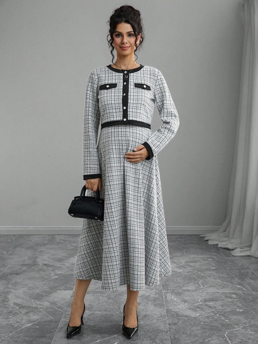 Momance 2 pièces Ensemble de maternité : Top court à manches longues imprimé à carreaux et mini-jupe