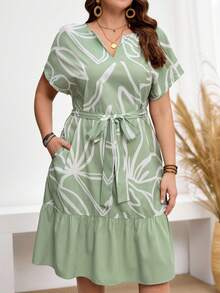 Miaspire Plus Size Women Line Pattern V-Neck Bat Sleeve Casual Elegant  Dress  Spring Outfits For Women  Summer Outfits  Vacation Outfits Woman Country Outfits Women