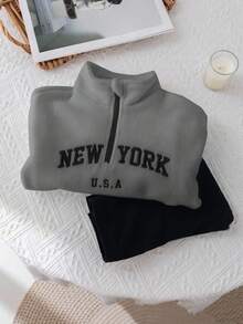 SHEIN 少女可爱字母印花立领蓬松上衣&松紧腰长裤套装 - 灰色 - 查看 8