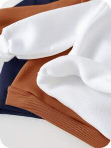 SHEIN 3 件套婴儿男女款休闲可爱运动街头服饰基本款简约脸部卡通图案舒适时尚圆领运动衫，黑色、白色、卡其色，适合春季、秋季、冬季 - 棕色 - 查看 7