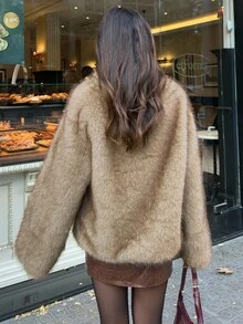 Aloruh 女士休闲保暖高领仿皮草外套，秋冬季，套头仿皮草连帽衫，卡其色仿皮草上衣，纯色长袖套头夹克，复古千禧风，街头风，商务休闲女装，通勤外套，办公室着装，女士工作服，女士秋季穿搭，秋季服装 - 灰色 - 查看 3