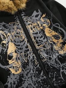 ROMWE MEN Goth 男士骷髅印花拉链连帽休闲运动衫，秋冬 - 黑色 - 查看 3