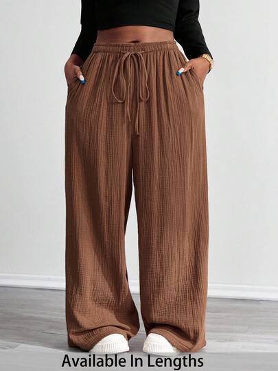 SHEIN PETITE CURVE 大码女式纯色皱褶纹理宽松抽绳腰系带阔腿休闲宽松阔腿裤，