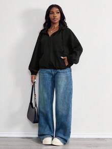 SHEIN PETITE CURVE 大码纯色前拉链长袖休闲连帽防晒轻便夹克 - 黑色 - 查看 5