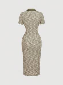 SHEIN MOD Váy dài vừa phải, tay ngắn, chất liệu vải tuýt kẻ caro có cổ - xanh quân đội - Xem 2