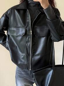 DAZY Women's Casual Solid Color PU Jacket, Autumn