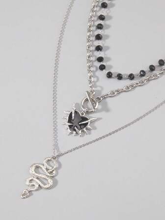 3pcs/Set Gothic Dark Personalized Glass Crystal Black Beaded Vintage Hip Hop Thorns Cross Pendant Necklace, Suitable For Women & Men Daily Wear, Halloween