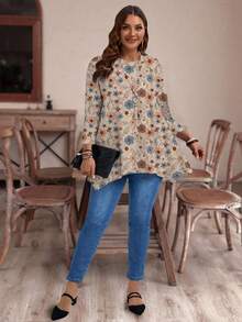 EMERY ROSE 大码女式休闲不对称下摆圆领宽松 3/4 袖 T 恤，带小碎花，秋冬款 - 彩色 - 查看 6