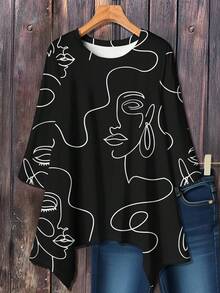 EMERY ROSE Casual Minimalist Line Face Graphic All-Over Print Loose Fit Long Sleeve T-Shirt, Suitable For Plus Size In Autumn/Winter - Multicolor - View 1