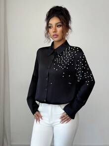 SHEIN Clasi Spring/Summer New Stylish Beaded Loose Long Sleeve Blouse, Black - Black - View 3