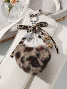 ROMWE Kawaii 1pc Fashionable Retro Personalized Acrylic Star Flower Brown Faux Fur Leopard Bow Heart DIY Keychain Bag Charm, Suitable For Women, Daily Wear, Holiday Gift - Brown-21 - View 6