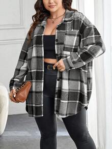 SHEIN Essnce Plus Size Women Plaid Drop Shoulder Long Sleeve Pocket Casual Shirt, Autumn Fall - Grey - View 1