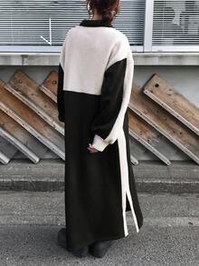 FRIFUL 女式宽松拼色仿羊毛Polo领长款连衣裙 - 黑與白 - 查看 4