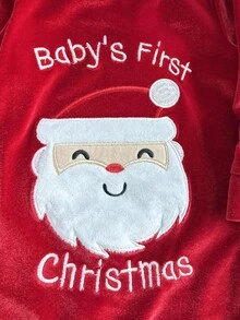 SHEIN Playful Pals Infant Boys/Girls Christmas Santa Claus Embroidered Red Long Sleeve Hat Jumpsuit, Suitable For Autumn/Winter, Christmas Holiday & Party Fall