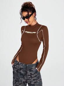 Coolane Bodyduit de manga larga ajustado con cuello alto y bloques de color para mujer, casual y de moda