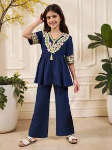 2pcs Tween Girls Traditional Collar Floral Applique Shirt And Pants Set - Multicolor - View 7